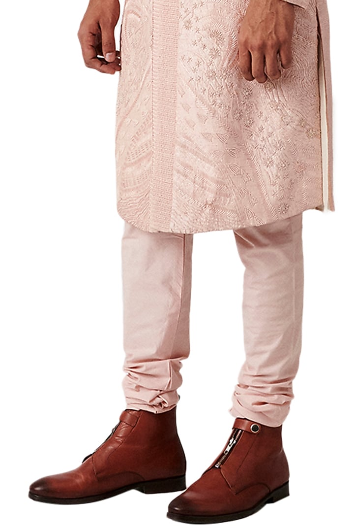 Peach Raw Silk Embroidered Groom Sherwani Set by Amaare at Pernia's Pop Up Shop