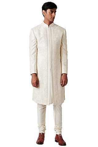 Cream Silk Embroidered Sherwani Set by Amaare
