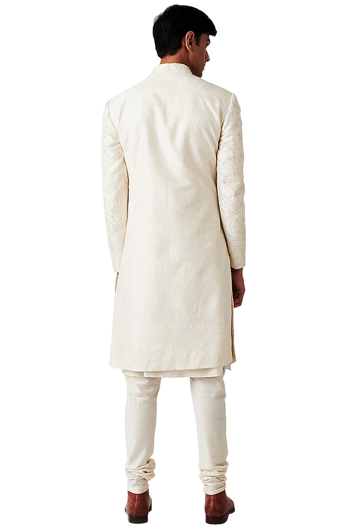Cream Silk Embroidered Groom Sherwani Set by Amaare at Pernia's Pop Up Shop