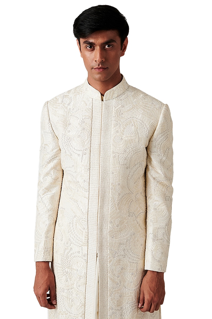 Cream Silk Embroidered Groom Sherwani Set by Amaare at Pernia's Pop Up Shop