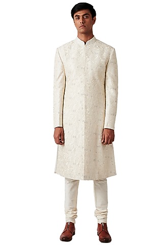 Cream Embroidered Sherwani Set by Amaare