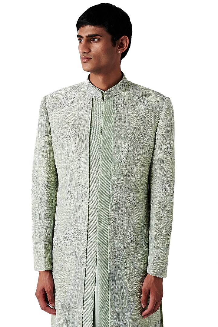 Pistachio Silk Embroidered Groom Sherwani Set by Amaare at Pernia's Pop Up Shop