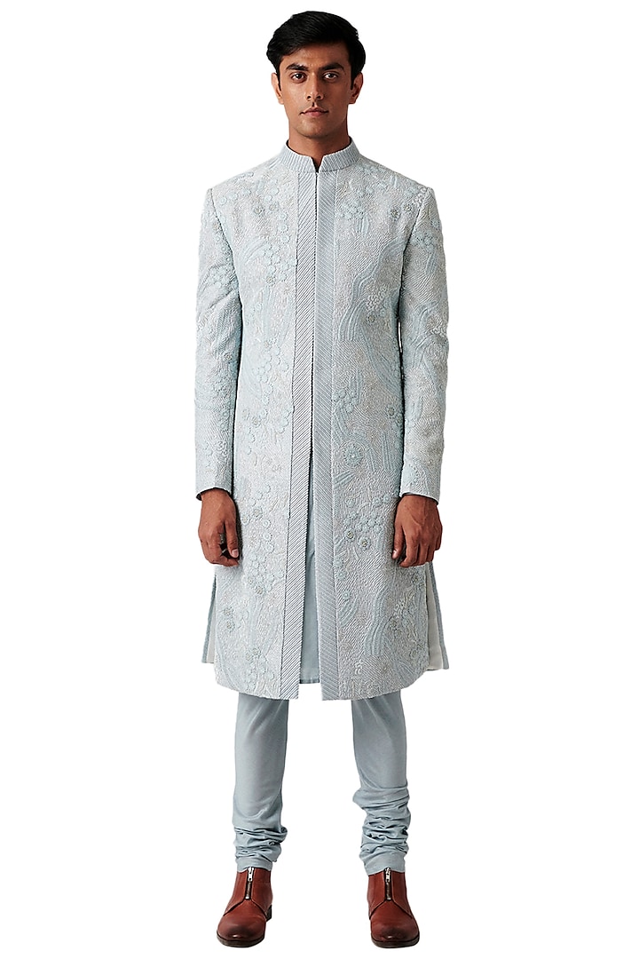 Periwinkle Embroidered Sherwani Set by Amaare
