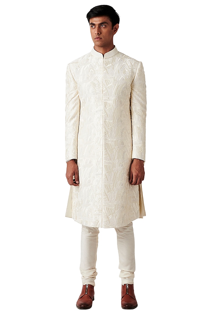 Pearl White Silk Embroidered Sherwani Set by Amaare