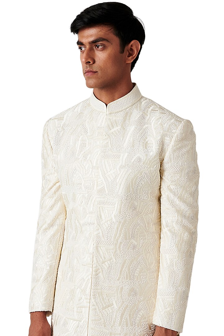 Pearl White Silk Embroidered Groom Sherwani Set by Amaare at Pernia's Pop Up Shop