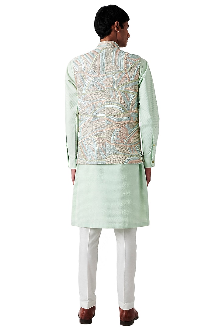 Pistachio Raw Silk Embroidered Bundi Jacket Set by Amaare at Pernia's Pop Up Shop