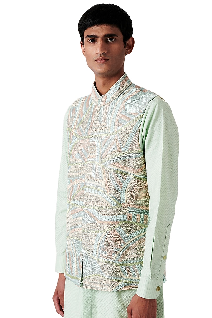 Pistachio Raw Silk Embroidered Bundi Jacket Set by Amaare at Pernia's Pop Up Shop