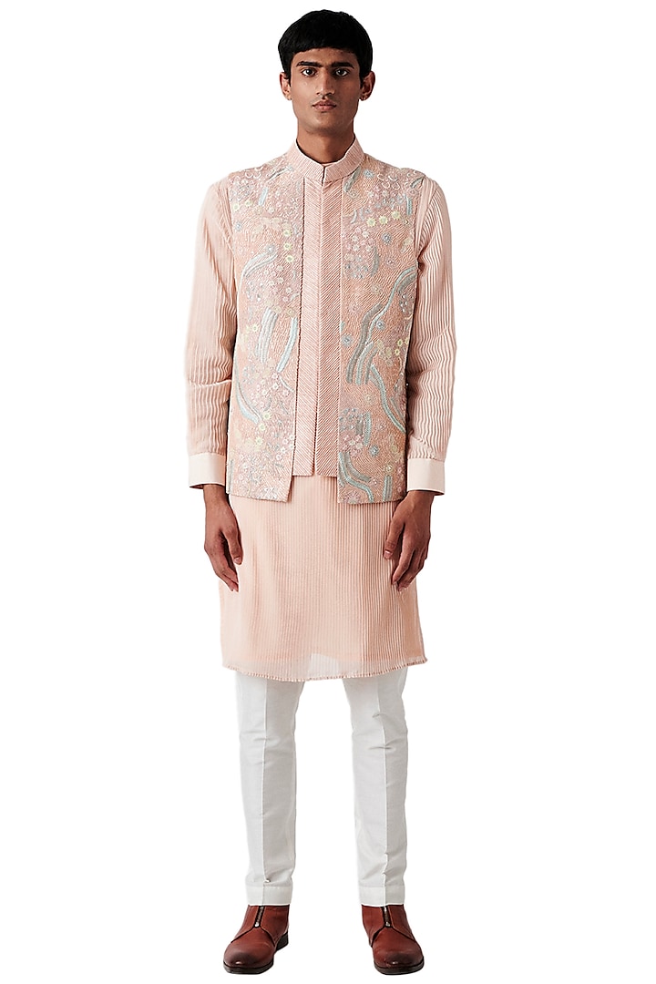 Peach Raw Silk Bundi Jacket With Kurta Set by Amaare