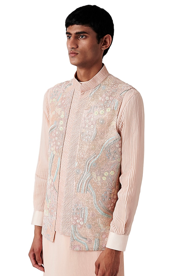 Peach Raw Silk Bundi Jacket Set by Amaare at Pernia's Pop Up Shop