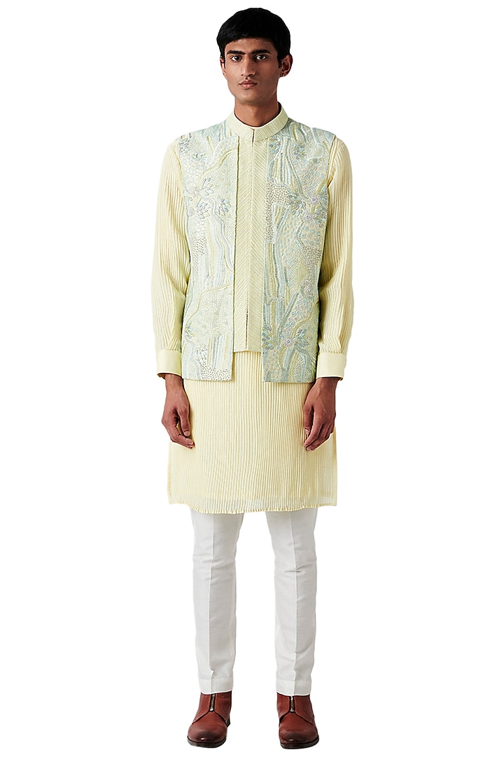 Lime Raw Silk Bundi Jacket With Kurta Set by Amaare