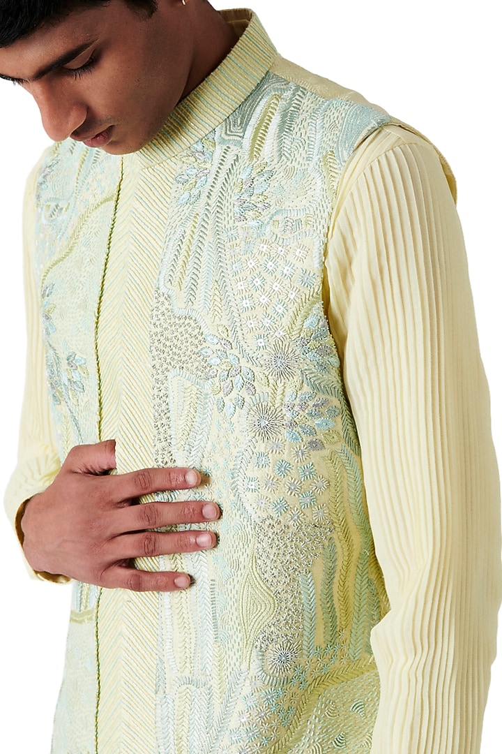 Lime Raw Silk Bundi Jacket Set by Amaare at Pernia's Pop Up Shop
