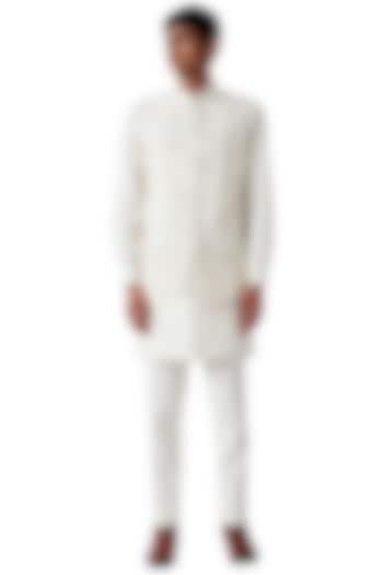 White Raw Silk Bundi Jacket With Kurta Set by Amaare