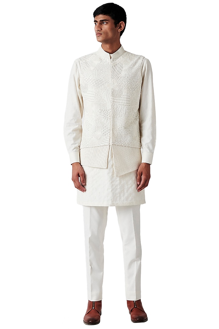White Raw Silk Bundi Jacket With Kurta Set by Amaare
