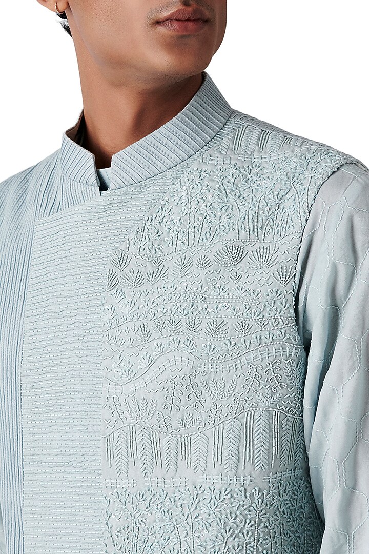 Periwinkle Wool Blend Embroidered Bundi Jacket Set by Amaare at Pernia's Pop Up Shop