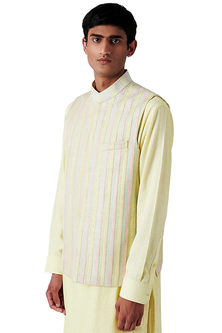 Lime Raw Silk Stripe Bundi Jacket Set by Amaare at Pernia's Pop Up Shop