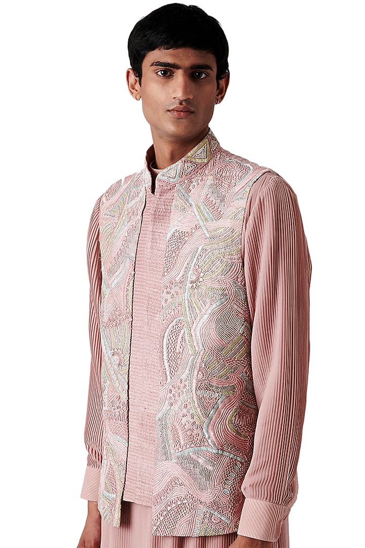 Tea Rose Raw Silk Embroidered Bundi Jacket Set by Amaare at Pernia's Pop Up Shop