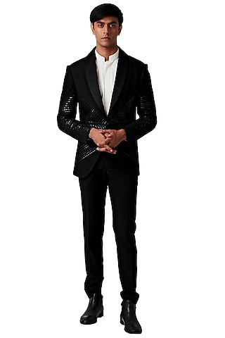 Black Wool Blend Tuxedo Set by Amaare