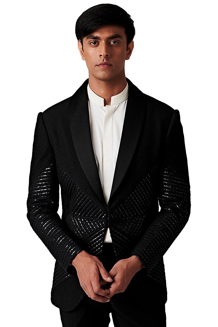 Black Wool Blend Tuxedo Set by Amaare at Pernia's Pop Up Shop
