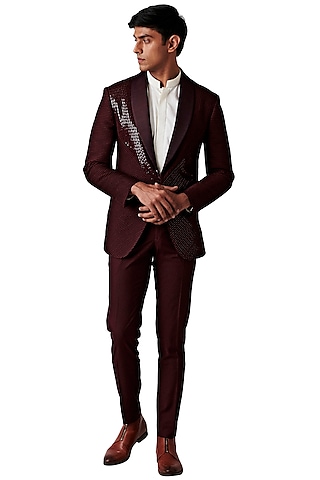 Wine Wool Blend Tuxedo Set by Amaare