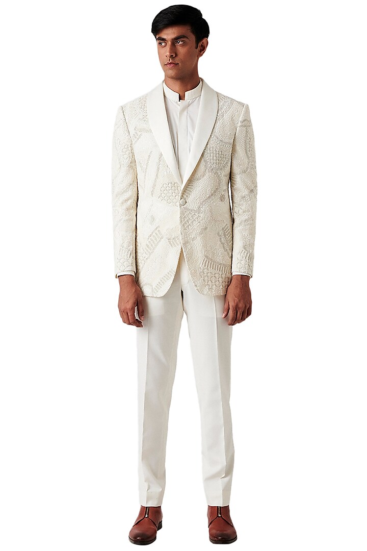 White Embroidered Tuxedo Set by Amaare