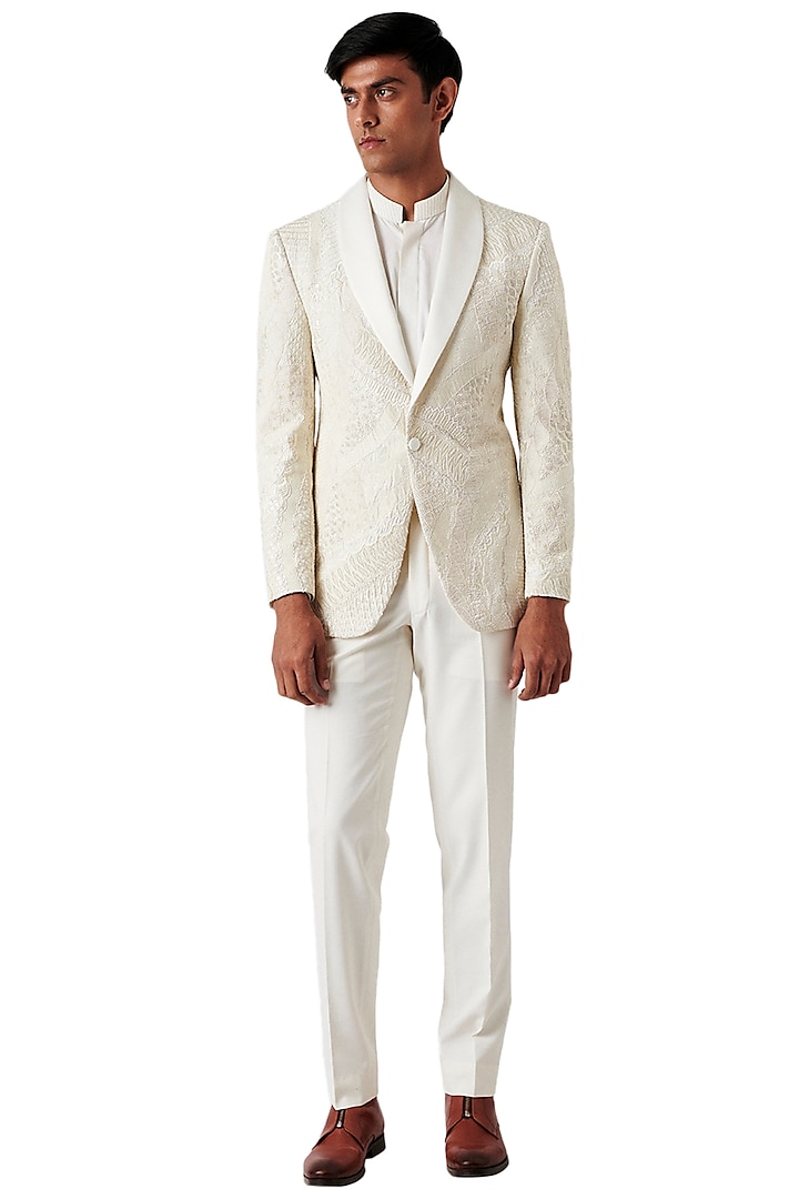 White Wool Embroidered Tuxedo Set by Amaare