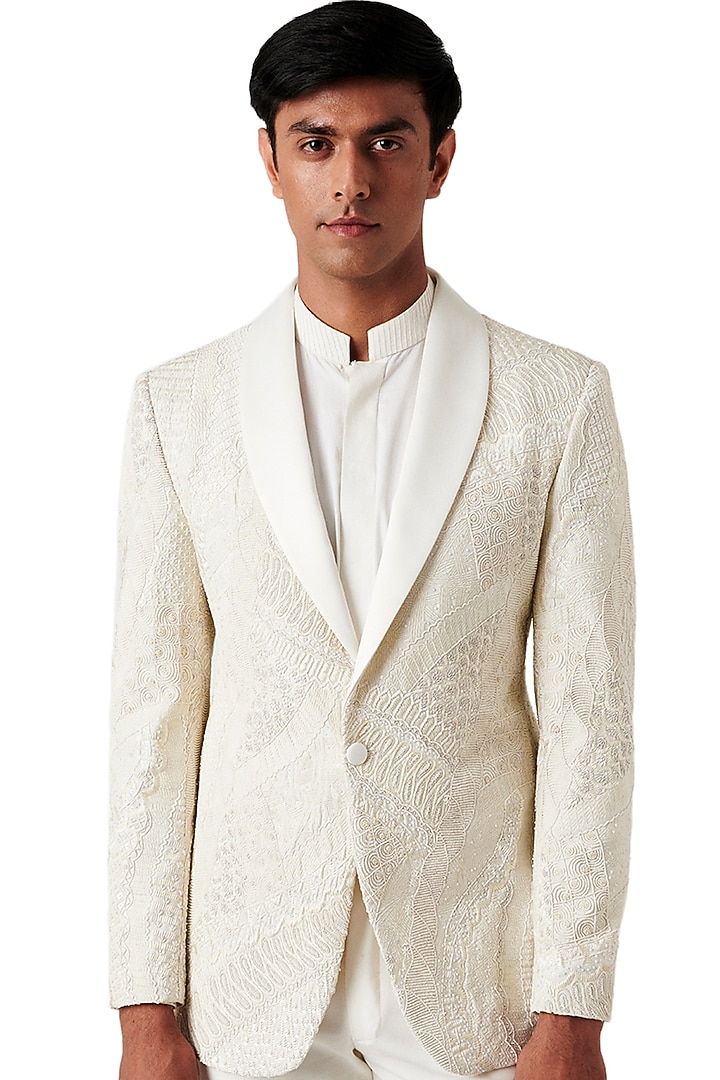 White Wool Embroidered Tuxedo Set by Amaare at Pernia's Pop Up Shop