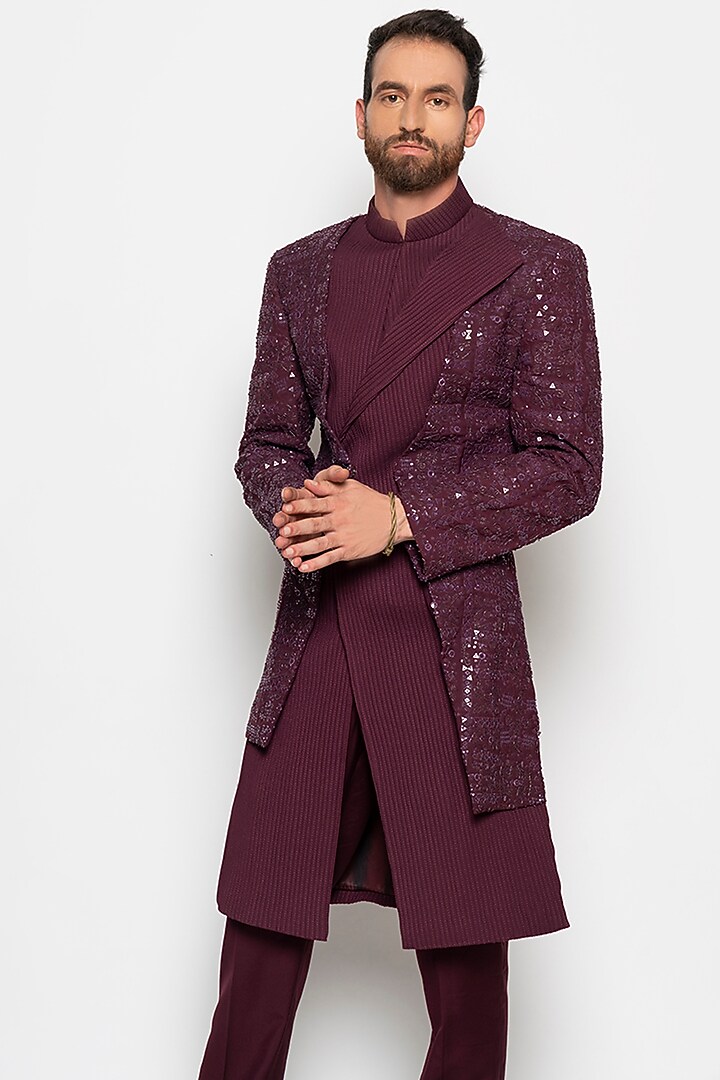 Wine Wool Blend Apollo Antares Indo-Western Set by Amaare at Pernia's Pop Up Shop