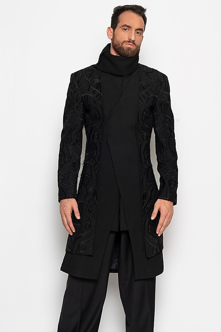 Black Wool Blend Nebula Long Jacket by Amaare at Pernia's Pop Up Shop