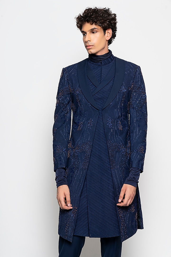 Navy Wool Blend Apollo Indo-Western Set by Amaare at Pernia's Pop Up Shop
