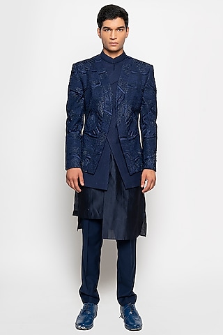 Navy Wool Blend Crescent Jacket Set by Amaare