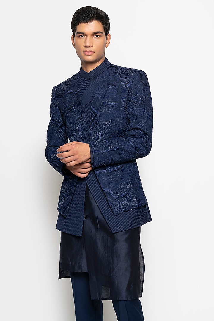 Navy Wool Blend Crescent Jacket Set by Amaare at Pernia's Pop Up Shop