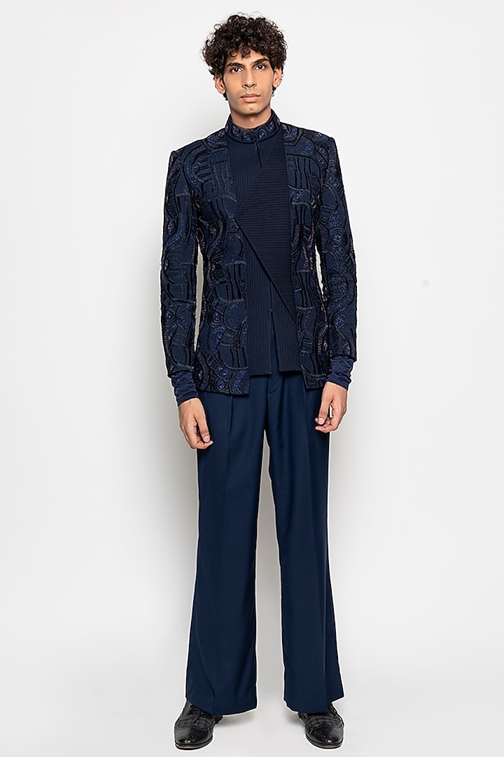 Navy Nebula Bandhgala Jacket With Pants by Amaare