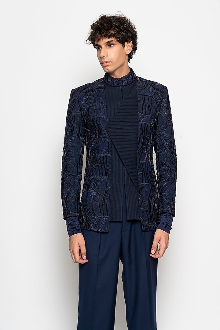 Navy Nebula Groom Bandhgala Jacket With Pants by Amaare at Pernia's Pop Up Shop