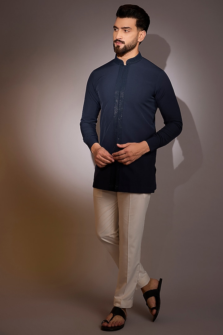 Navy Blue Silk Bead Hand Embroidered Short Kurta by Amaare at Pernia's Pop Up Shop