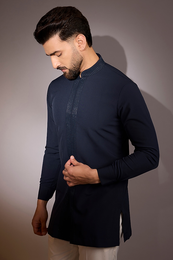 Navy Blue Silk Bead Hand Embroidered Short Kurta by Amaare at Pernia's Pop Up Shop