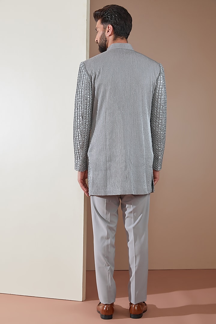 Grey Wool Blend Sequins Hand Embroidered Groom Indowestern Set by Amaare at Pernia's Pop Up Shop