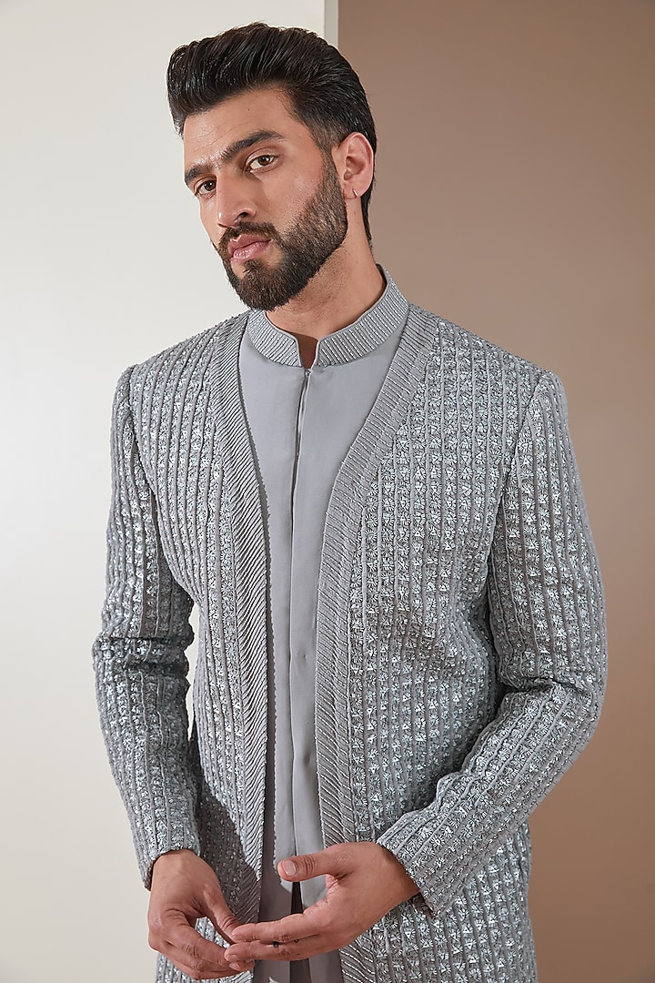 Grey Wool Blend Sequins Hand Embroidered Groom Indowestern Set by Amaare at Pernia's Pop Up Shop