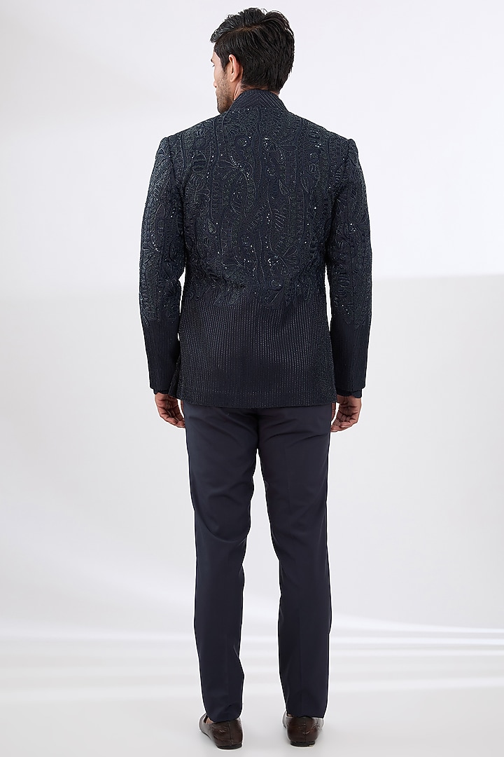 Navy Blue Rayon Embroidered Groom Indowestern Set by Amaare at Pernia's Pop Up Shop
