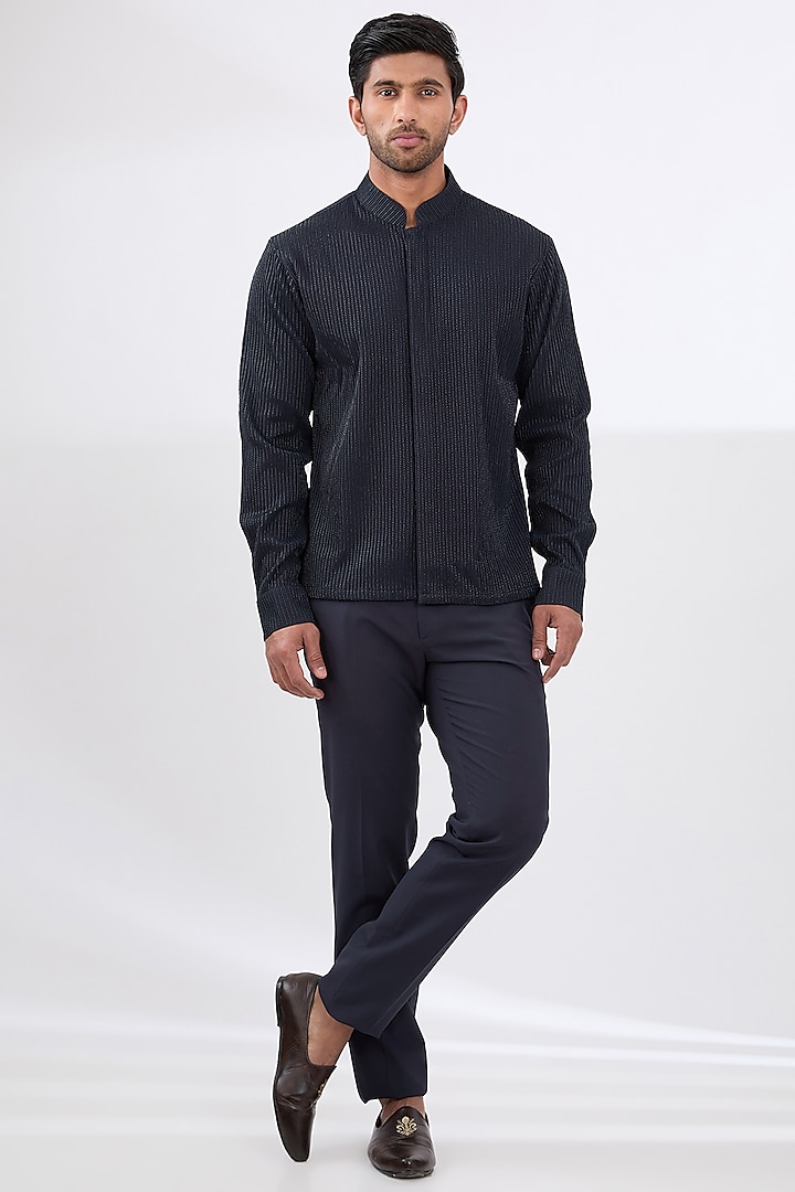 Navy Blue Rayon Embroidered Groom Indowestern Set by Amaare at Pernia's Pop Up Shop
