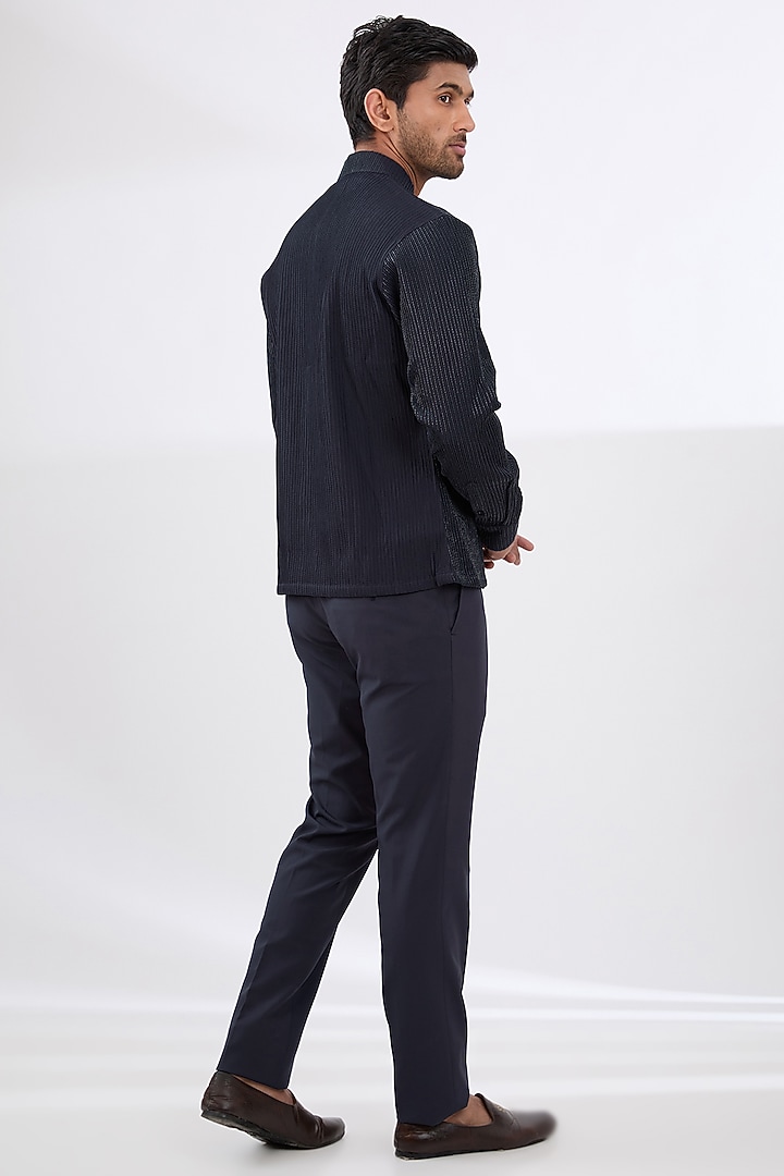 Navy Blue Rayon Embroidered Groom Indowestern Set by Amaare at Pernia's Pop Up Shop