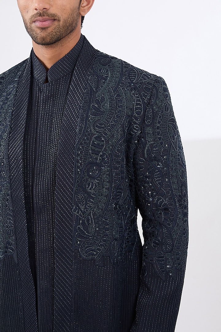Navy Blue Rayon Embroidered Groom Indowestern Set by Amaare at Pernia's Pop Up Shop
