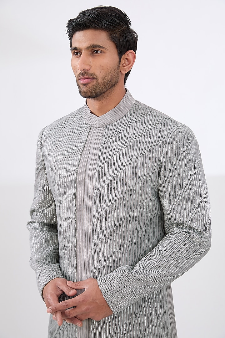 Grey Cotton Silk Embroidered Groom Sherwani Set by Amaare at Pernia's Pop Up Shop