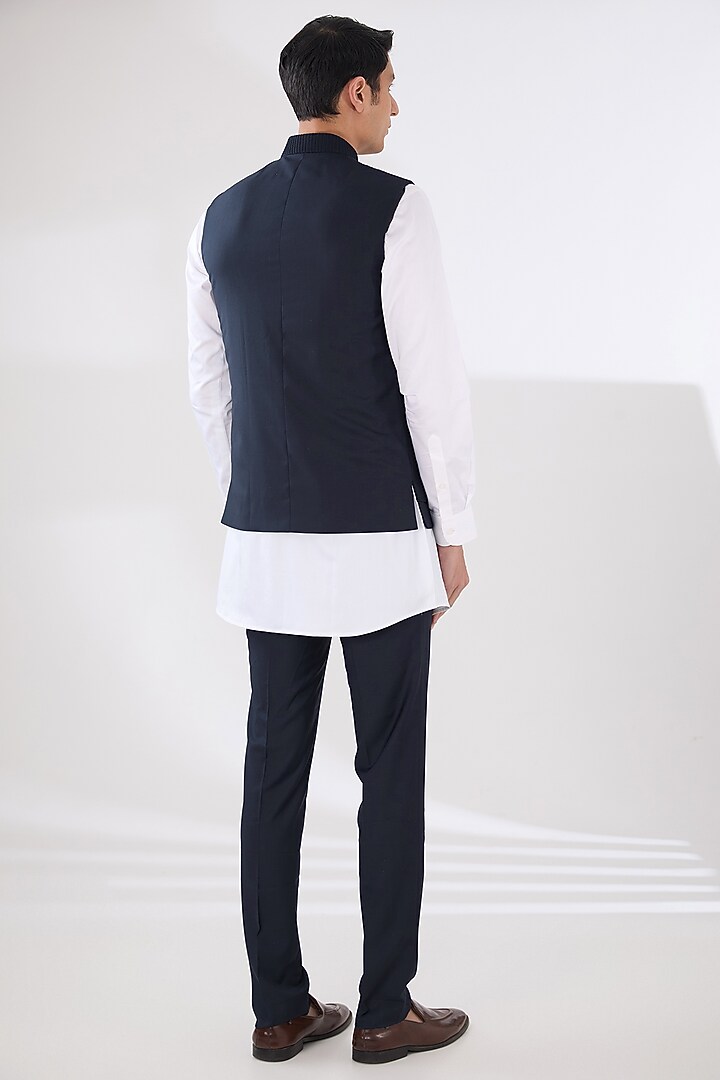 Navy Blue Wool Blend Layered Nehru Jacket Set by Amaare at Pernia's Pop Up Shop
