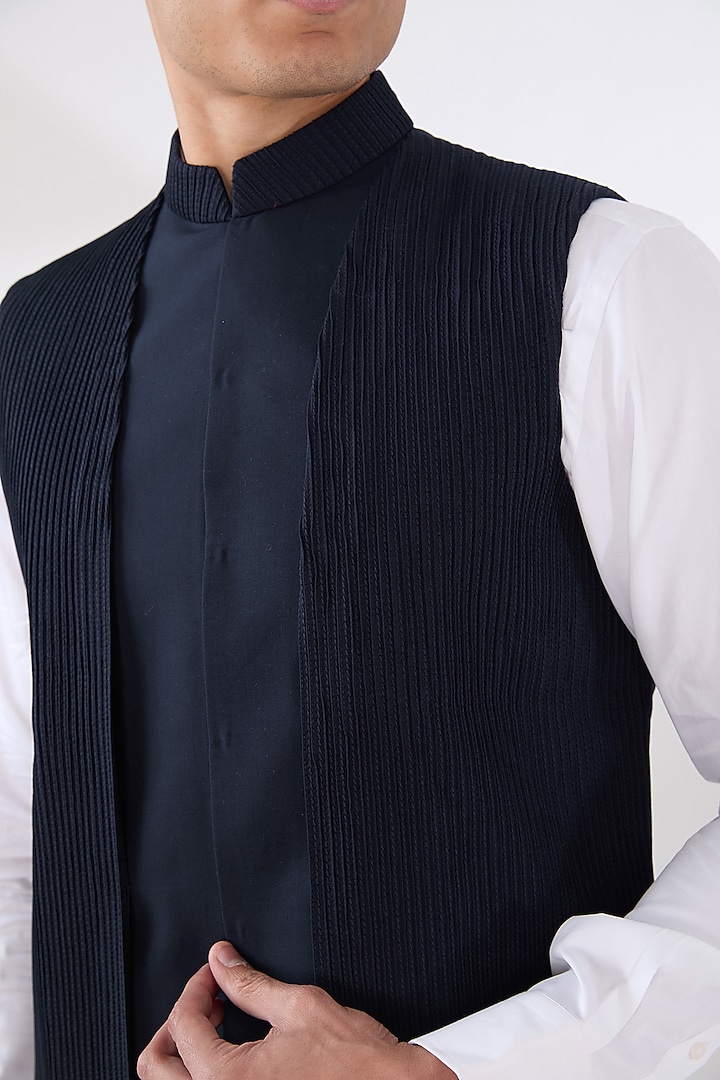 Navy Blue Wool Blend Layered Nehru Jacket Set by Amaare at Pernia's Pop Up Shop