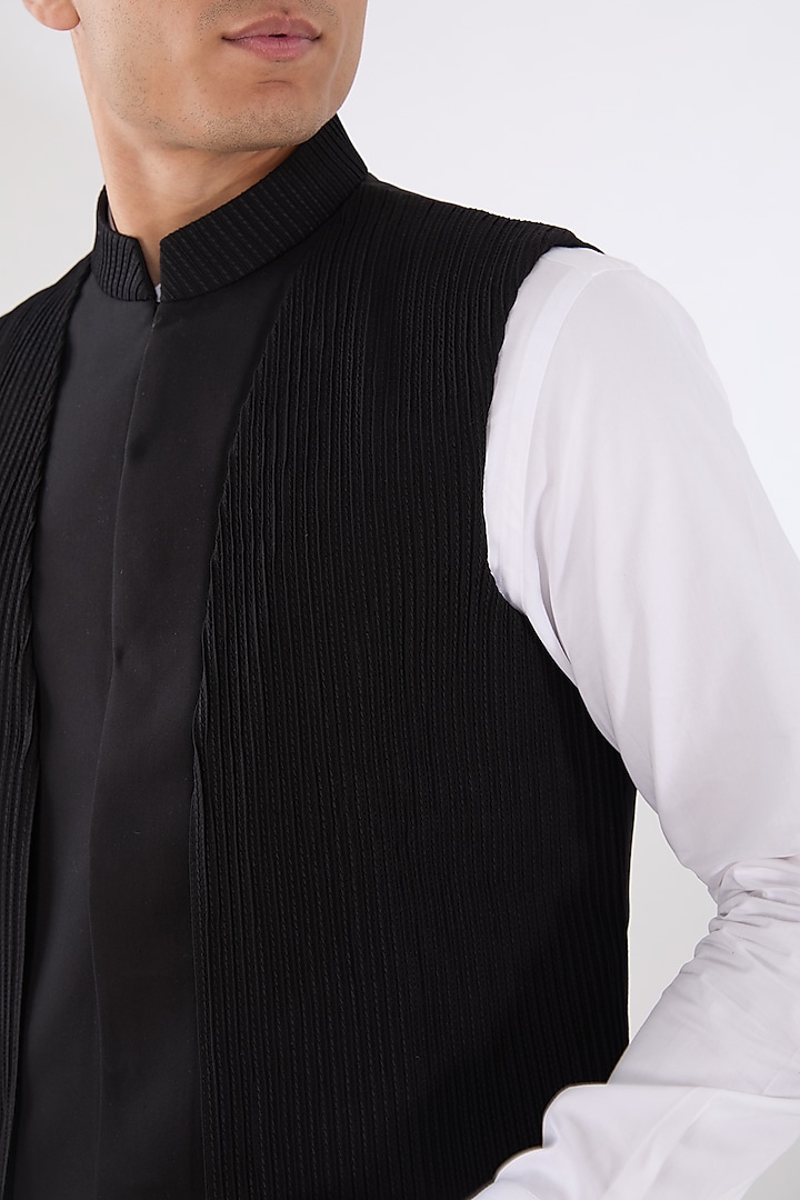 Black Wool Blend Layered Nehru Jacket Set by Amaare at Pernia's Pop Up Shop