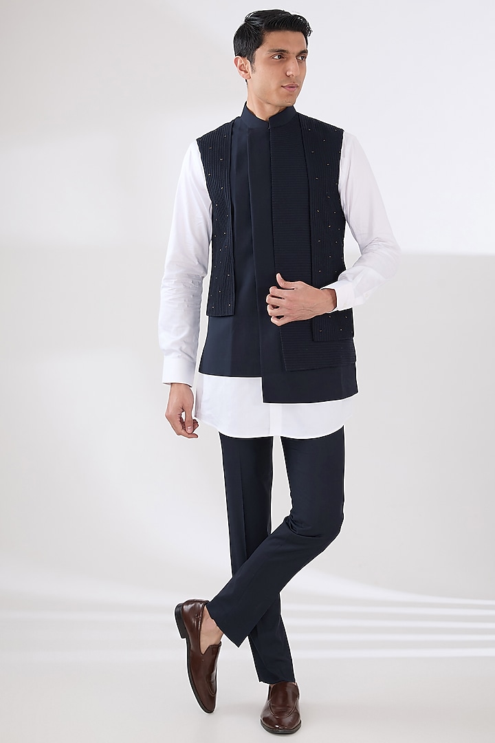 Navy Blue Wool Blend Asymmetric Nehru Jacket Set by Amaare