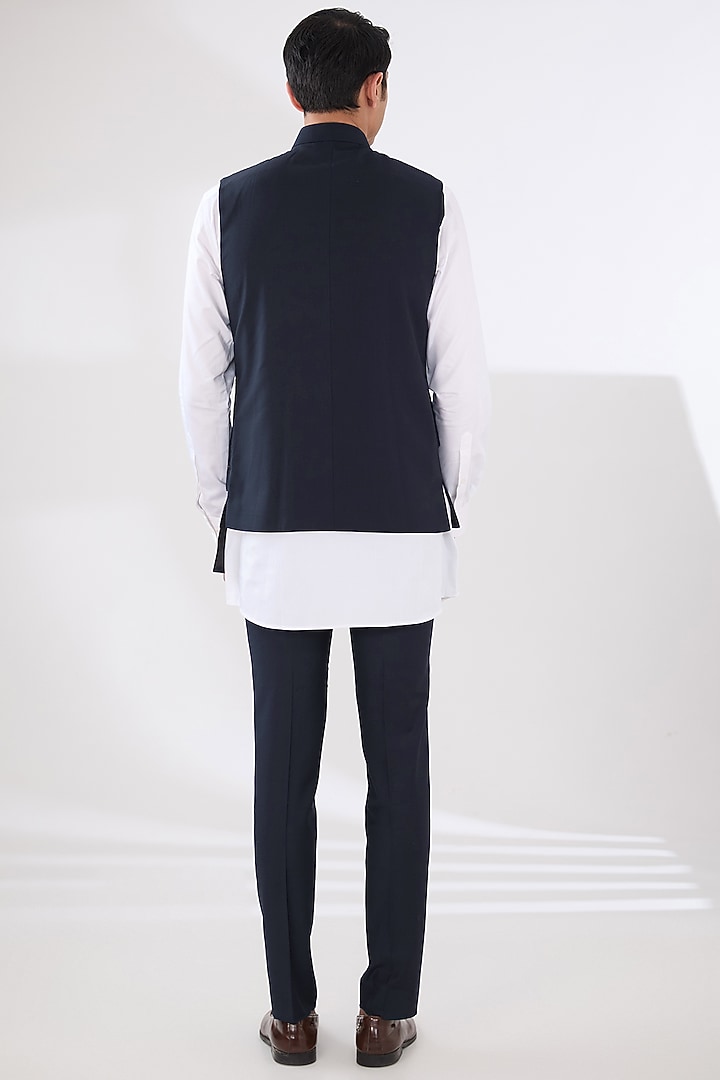 Navy Blue Wool Blend Asymmetric Nehru Jacket Set by Amaare at Pernia's Pop Up Shop