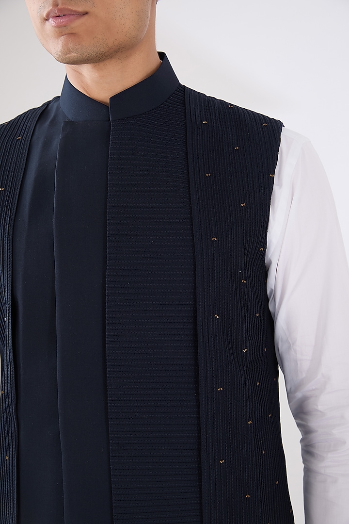 Navy Blue Wool Blend Asymmetric Nehru Jacket Set by Amaare at Pernia's Pop Up Shop