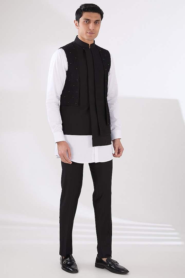 Black Wool Blend Asymmetric Nehru Jacket Set by Amaare