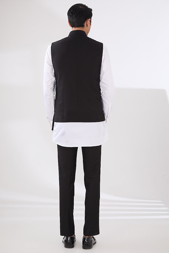 Black Wool Blend Asymmetric Nehru Jacket Set by Amaare at Pernia's Pop Up Shop